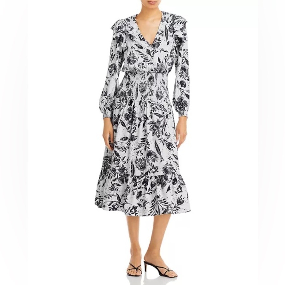 AQUA Smocked Floral Print Midi Dress Size S
